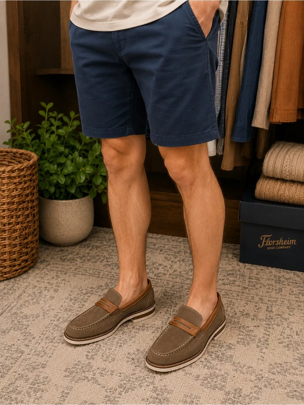 Florsheim Taupe Suede Penny Loafers with Tan Strap